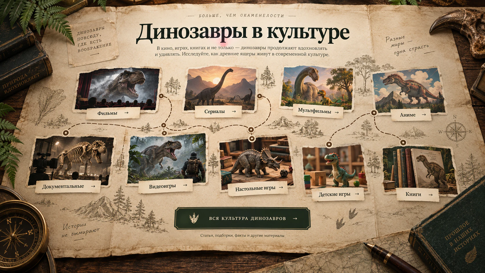Иллюстрированная карта фильмов, игр и книг о динозаврах