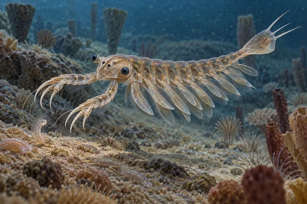 Научная реконструкция Alalcomenaeus cambricus над дном кембрийского моря
