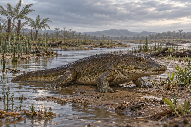 Художественная реконструкция Chomatobatrachus на заболоченной равнине раннего триаса Тасмании