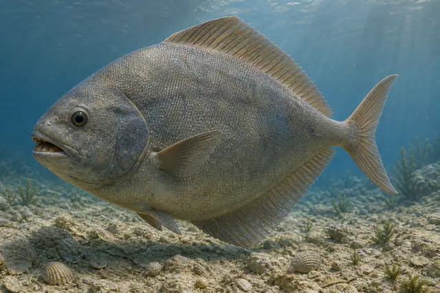 Глубокотелая рыба Coelodus saturnus над карбонатным дном моря Тетис