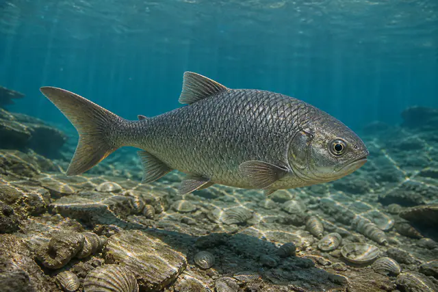 Научная реконструкция рыбы Colobodus над дном триасового моря