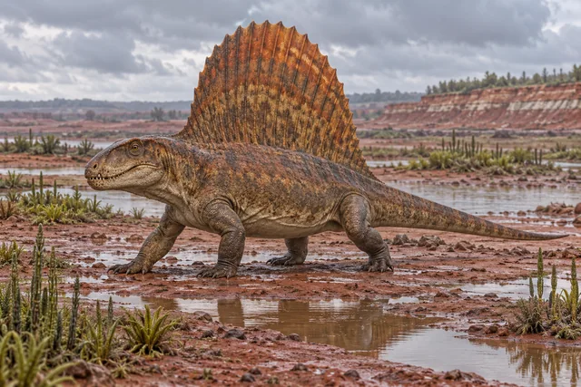 Научная реконструкция Dimetrodon borealis, известного по челюсти, исторически названной Bathygnathus borealis