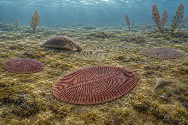Мелководное море эдиакарского периода с дикинсониями, кимбереллой, трибрахидием и прикреплёнными организмами