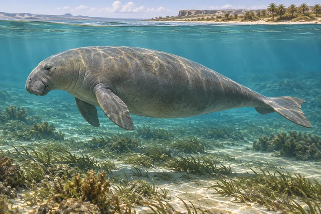 Художественная реконструкция морской коровы Эотероидес в прибрежной лагуне эоцена