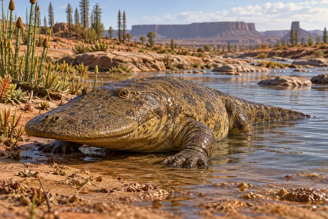 Художественная реконструкция кестрозавра на берегу водоёма триасового Кару