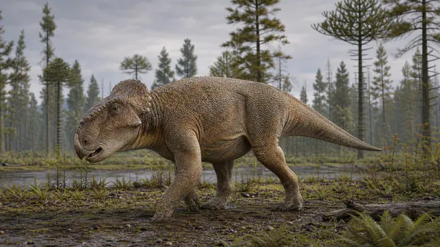 Научная реконструкция Leptoceratops gracilis в пойменном лесу конца мелового периода