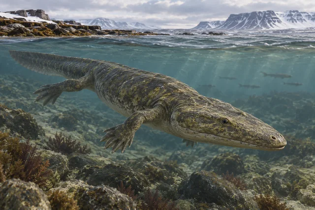 Художественная реконструкция Lyrocephaliscus euri в мелководном море раннего триаса у берегов Шпицбергена