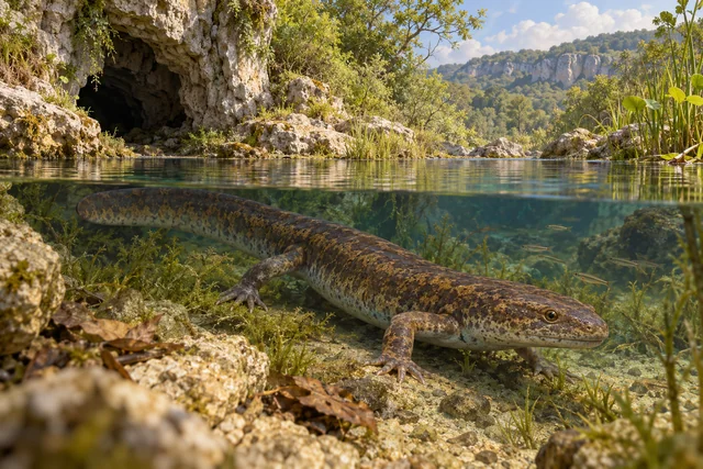 Художественная реконструкция саламандры Megalotriton в пресной воде позднего эоцена юга Франции