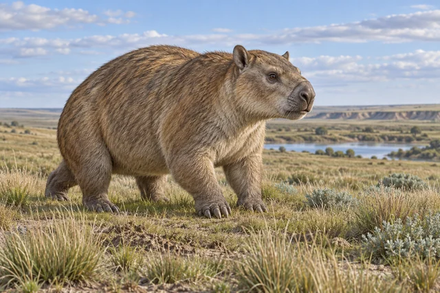 Художественная реконструкция крепко сложенного Mesotherium в плейстоценовой пампе Аргентины