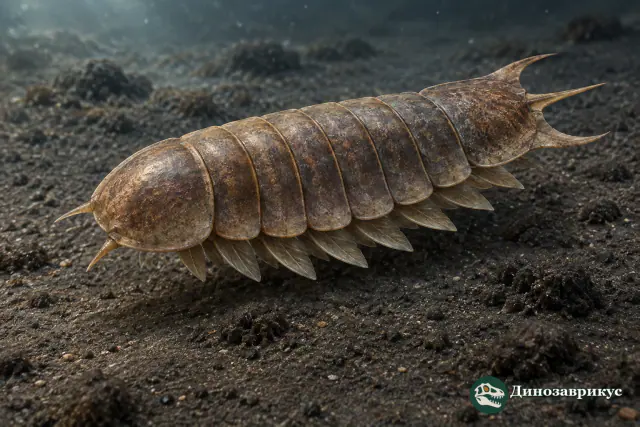 Реконструкция Mollisonia symmetrica с округлым головным щитом и семью туловищными сегментами