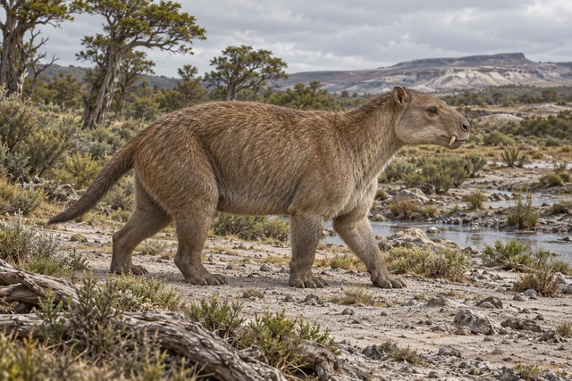 Художественная реконструкция Pleurostylodon на фоне ландшафта эоценовой Патагонии