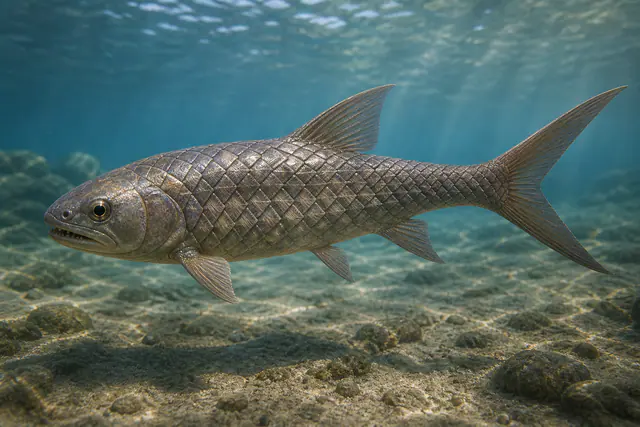 Научная реконструкция рыбы Ptycholepis с ребристой ганоидной чешуёй