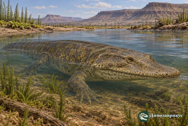 Художественная реконструкция Xenotosuchus в триасовом водоёме Южной Африки