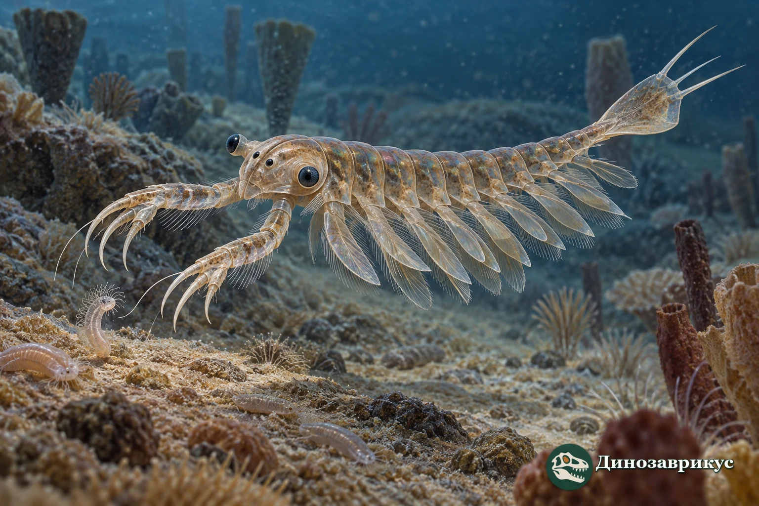 Научная реконструкция Alalcomenaeus cambricus над дном кембрийского моря