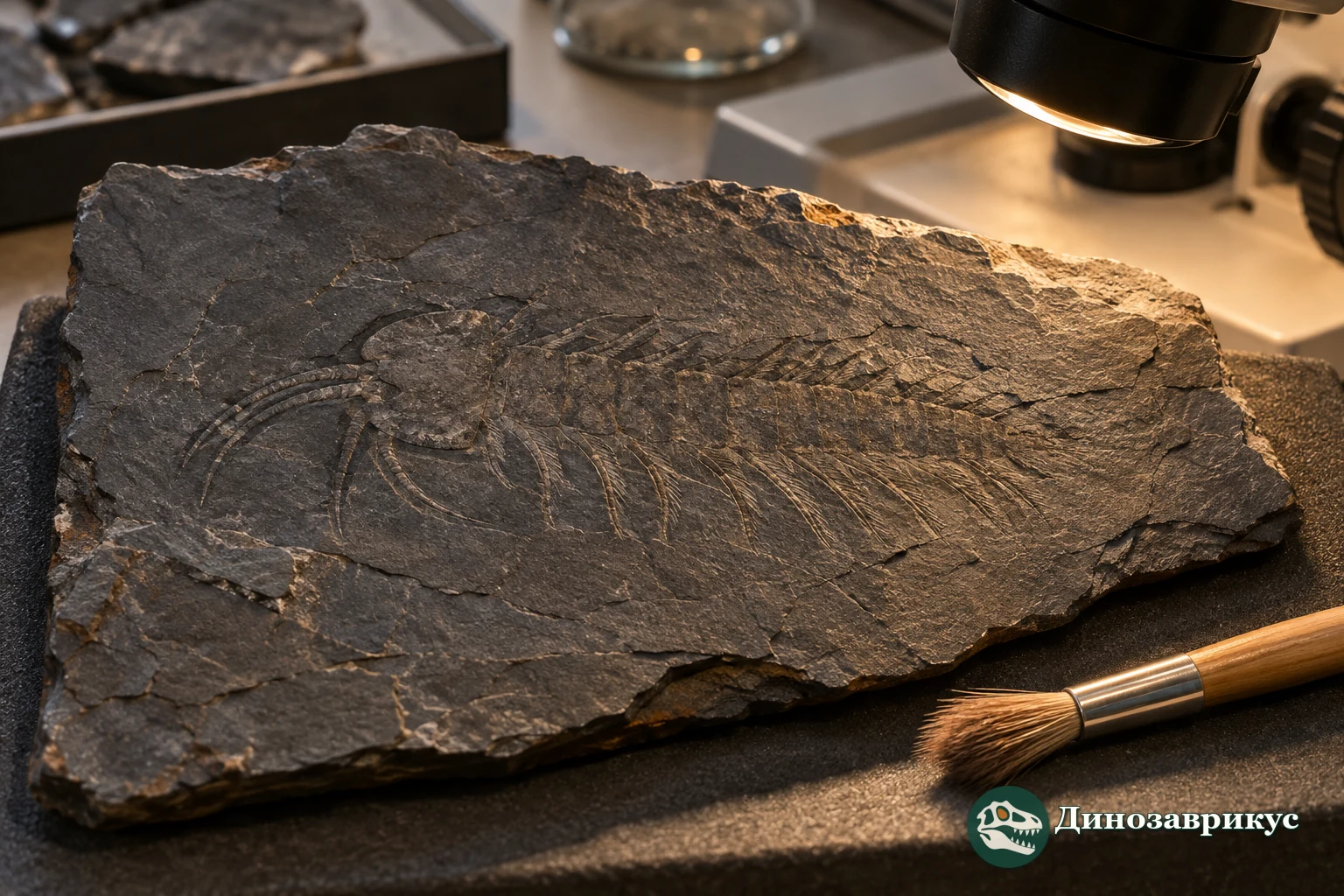 Условная музейная сцена исследования отпечатка Alalcomenaeus под боковым светом