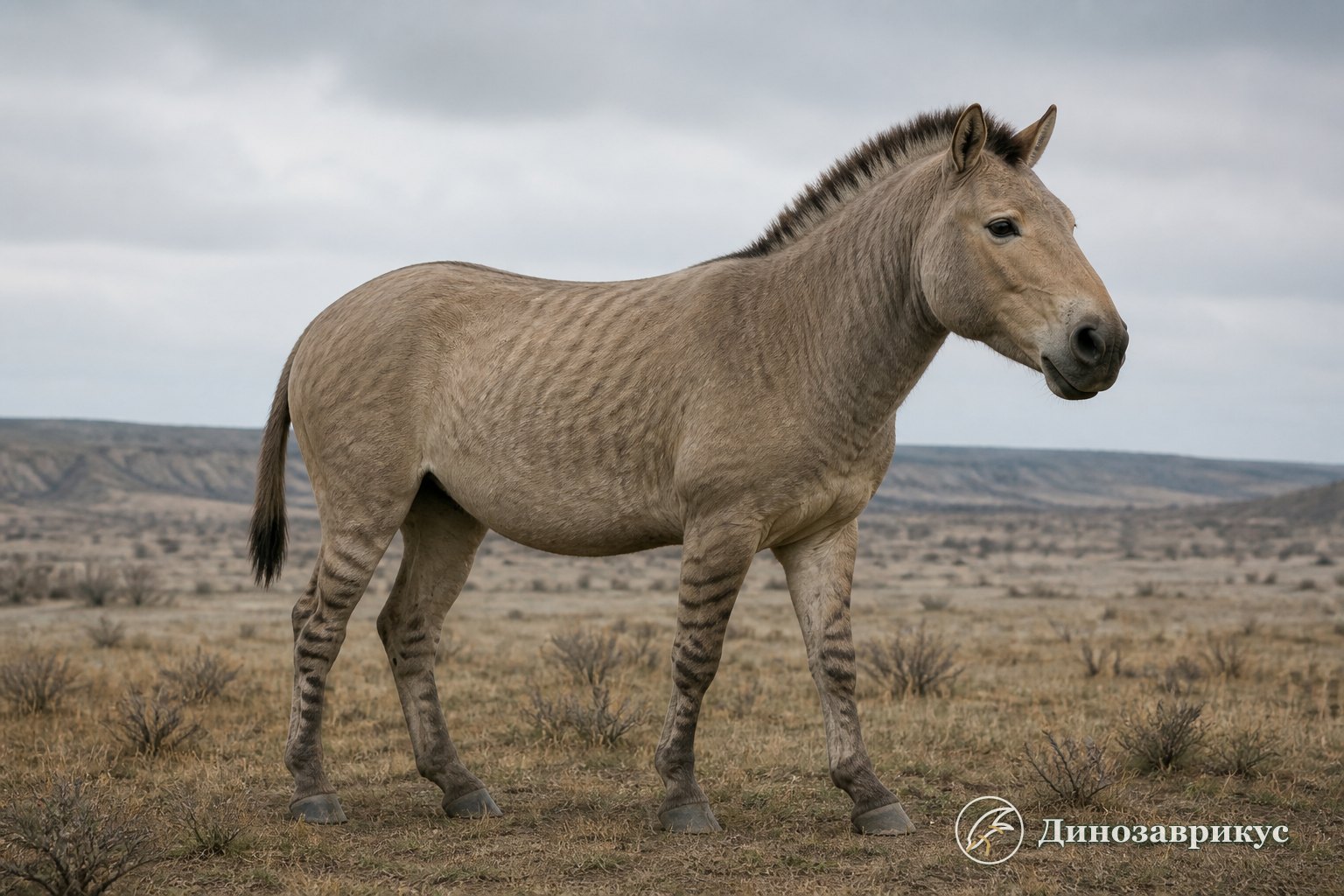 Реконструкция стеноновой лошади Allohippus на открытой равнине раннего плейстоцена