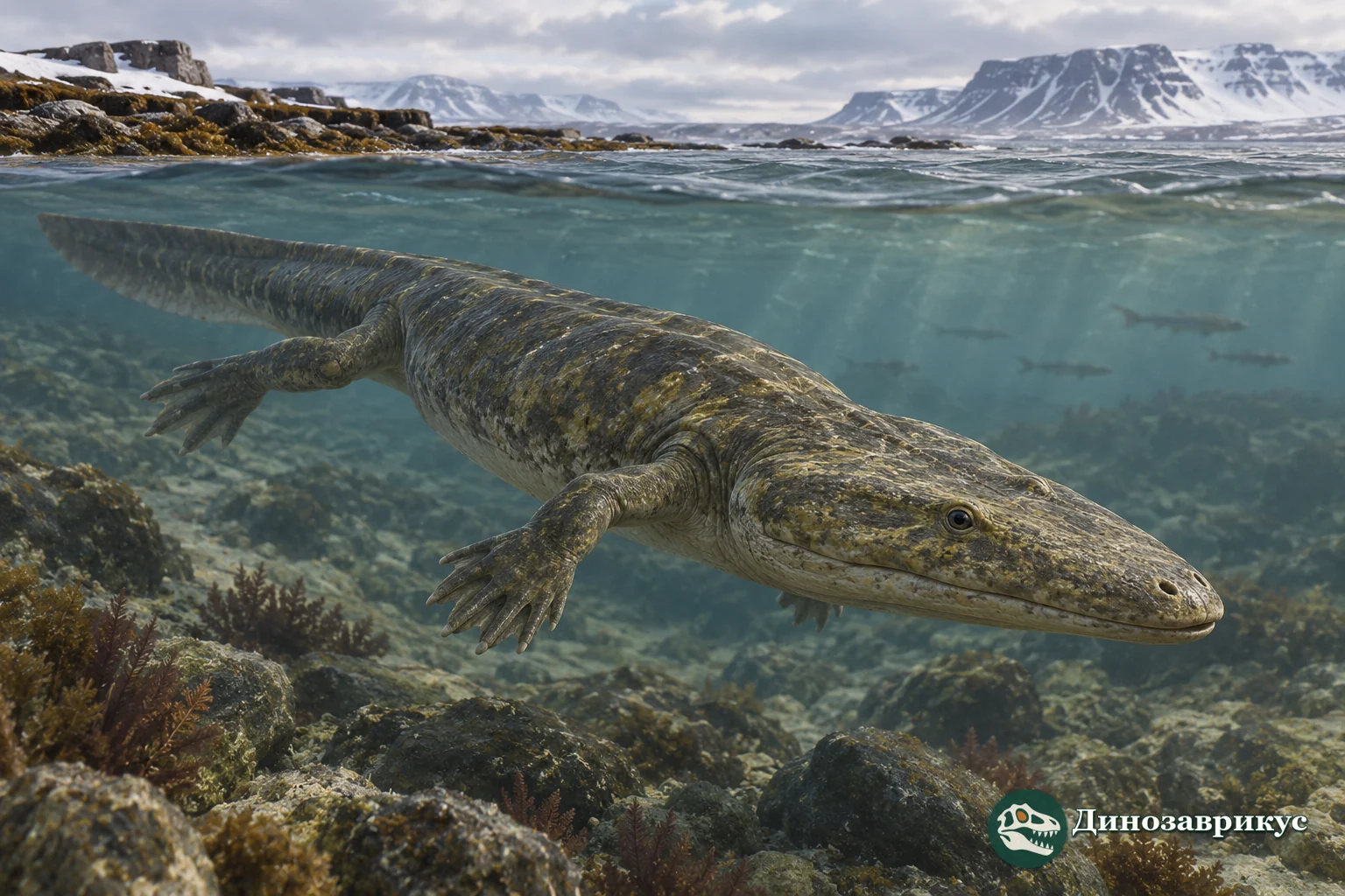 Художественная реконструкция Lyrocephaliscus euri в мелководном море раннего триаса у берегов Шпицбергена