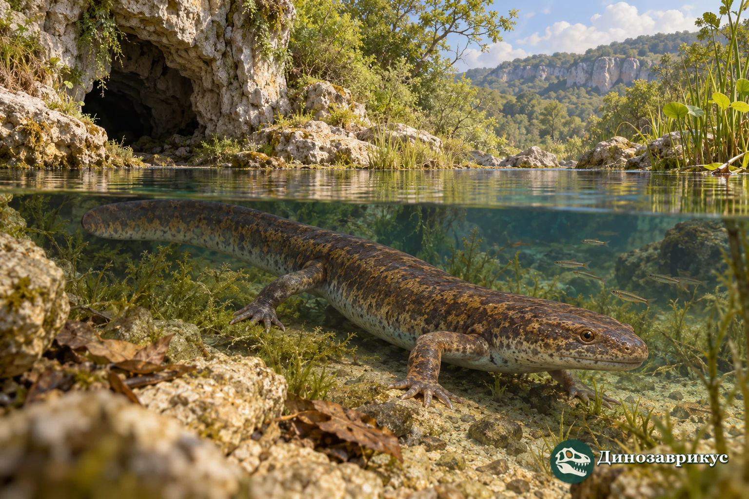 Художественная реконструкция саламандры Megalotriton в пресной воде позднего эоцена юга Франции