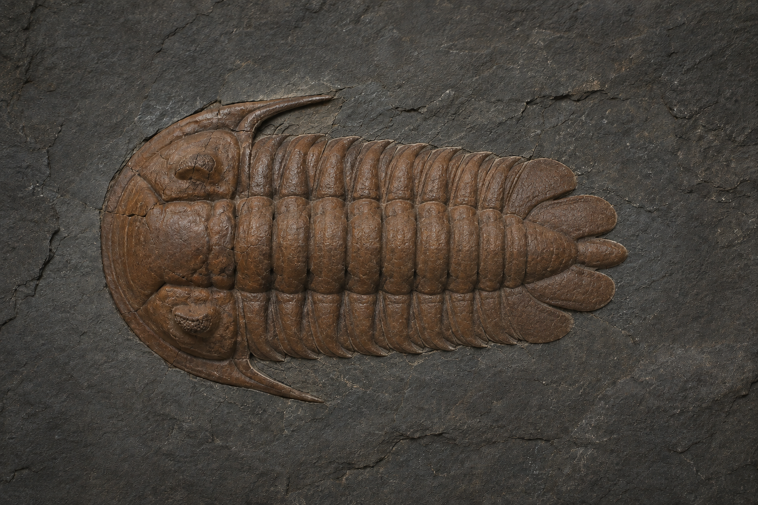 Хейрурус с расширенной вперёд глабеллой, одиннадцатью сегментами груди и лопастным хвостовым щитом
