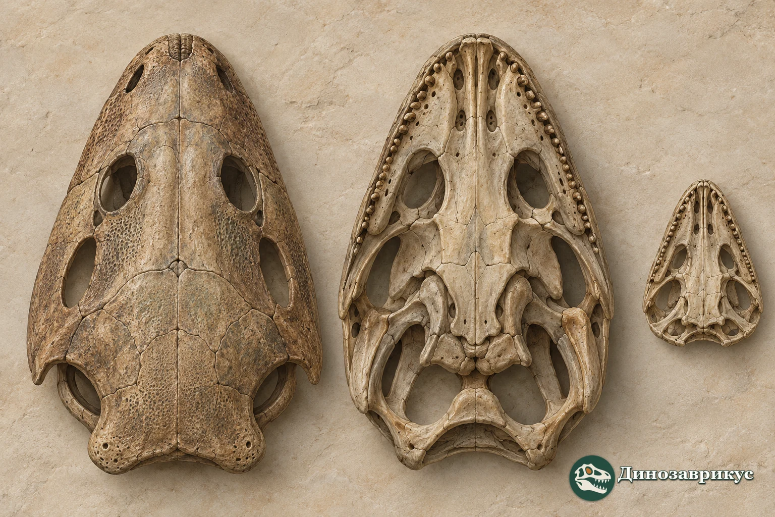 Схема черепа Chomatobatrachus halei в видах сверху и снизу рядом с меньшим ювенильным нёбом