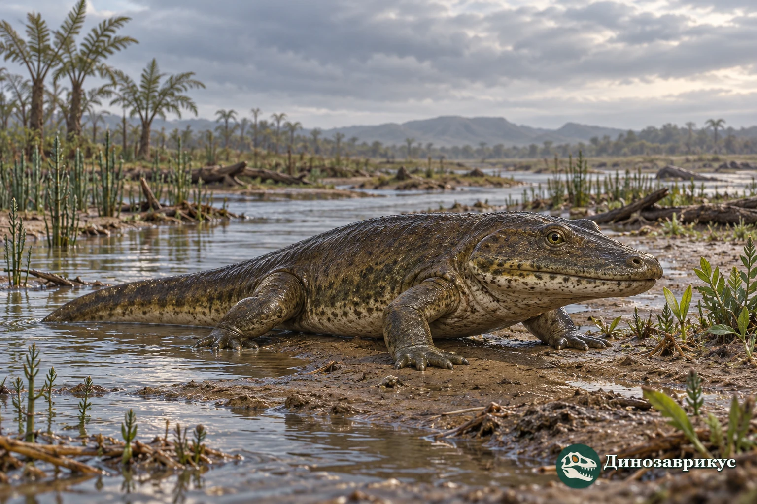 Художественная реконструкция Chomatobatrachus на заболоченной равнине раннего триаса Тасмании
