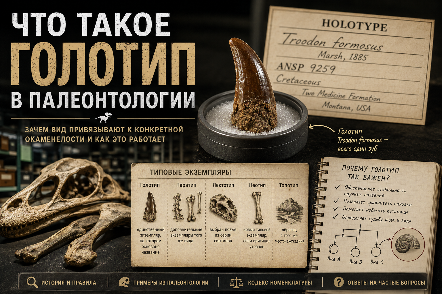 Палеонтолог изучает типовой ископаемый образец в музейной коллекции