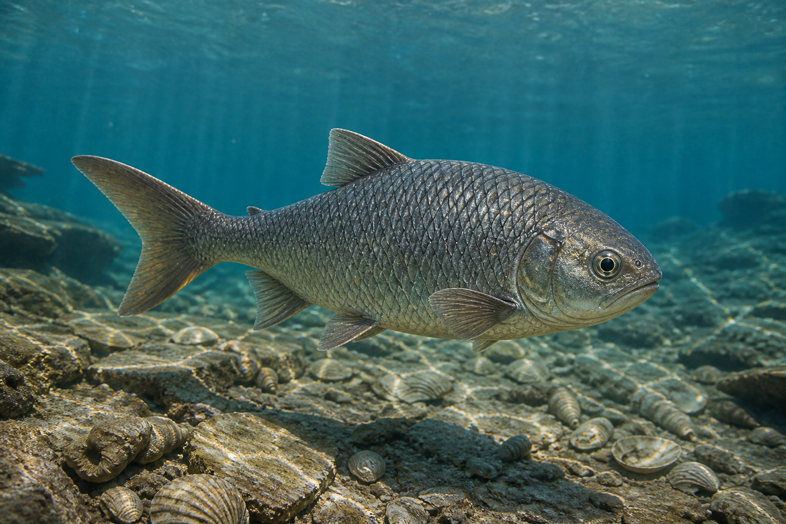Научная реконструкция рыбы Colobodus над дном триасового моря