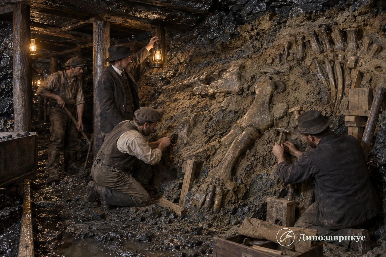 Раскопка сочленённых скелетов игуанодонов в шахте Берниссара в 1878 году