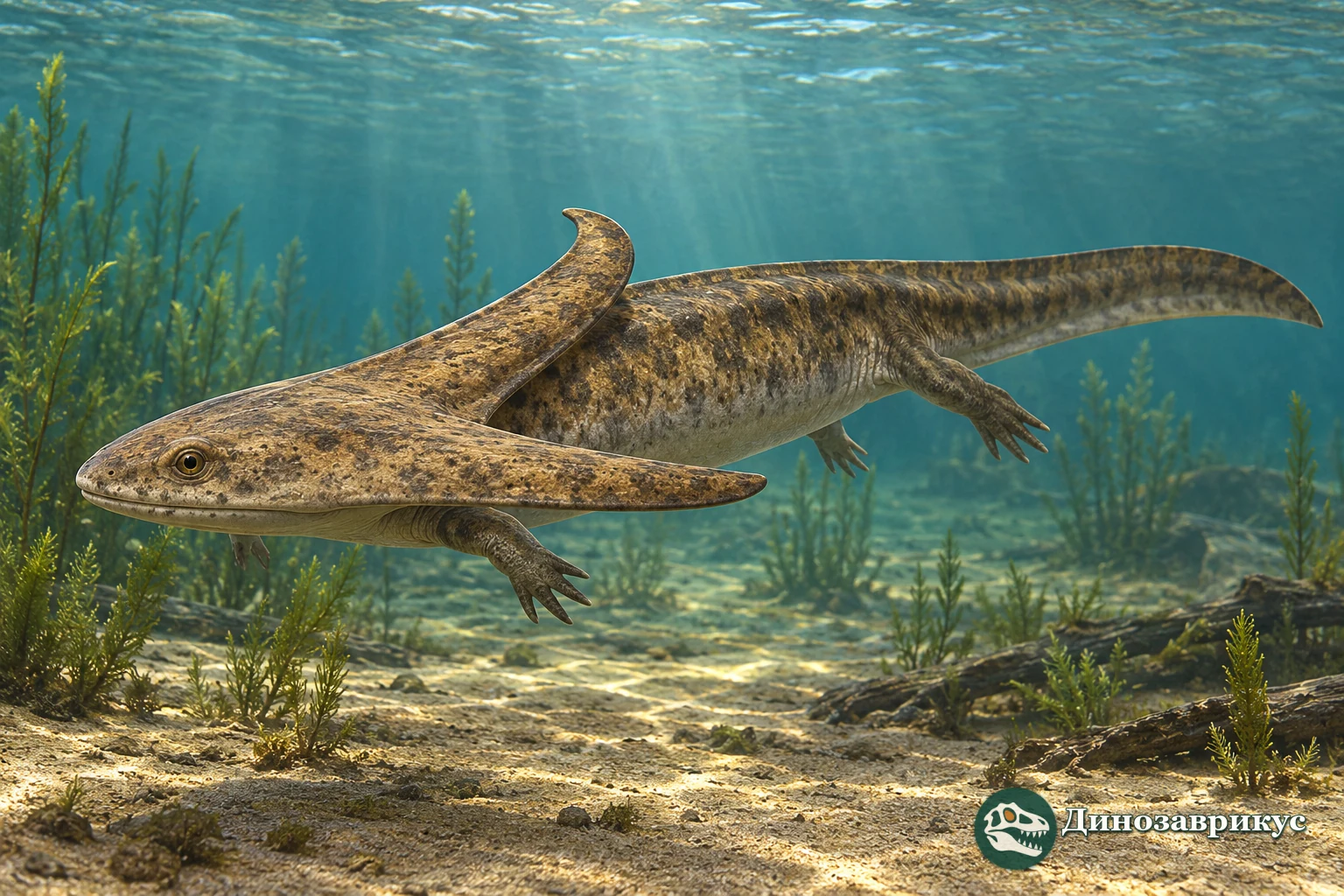 Diplocaulus над мелководным дном в художественной реконструкции
