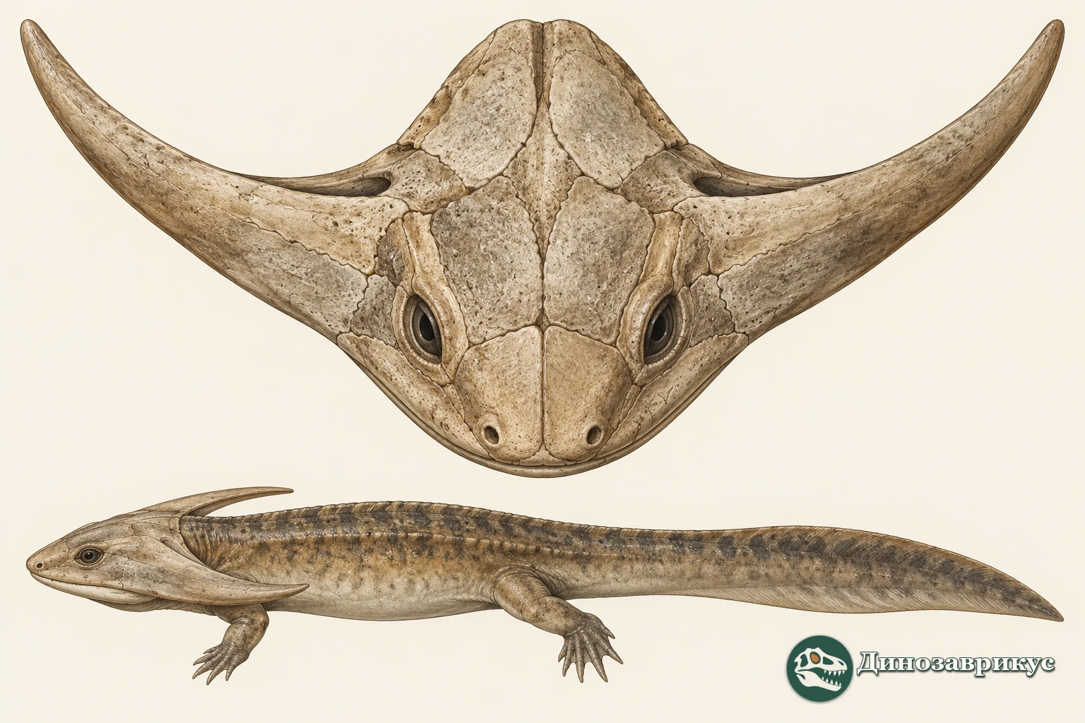 Реконструкция черепа и силуэта Diplocaulus в спинном и боковом видах