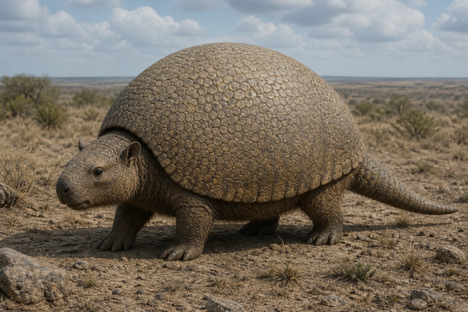 Научная реконструкция рода Glyptotherium в среде его времени