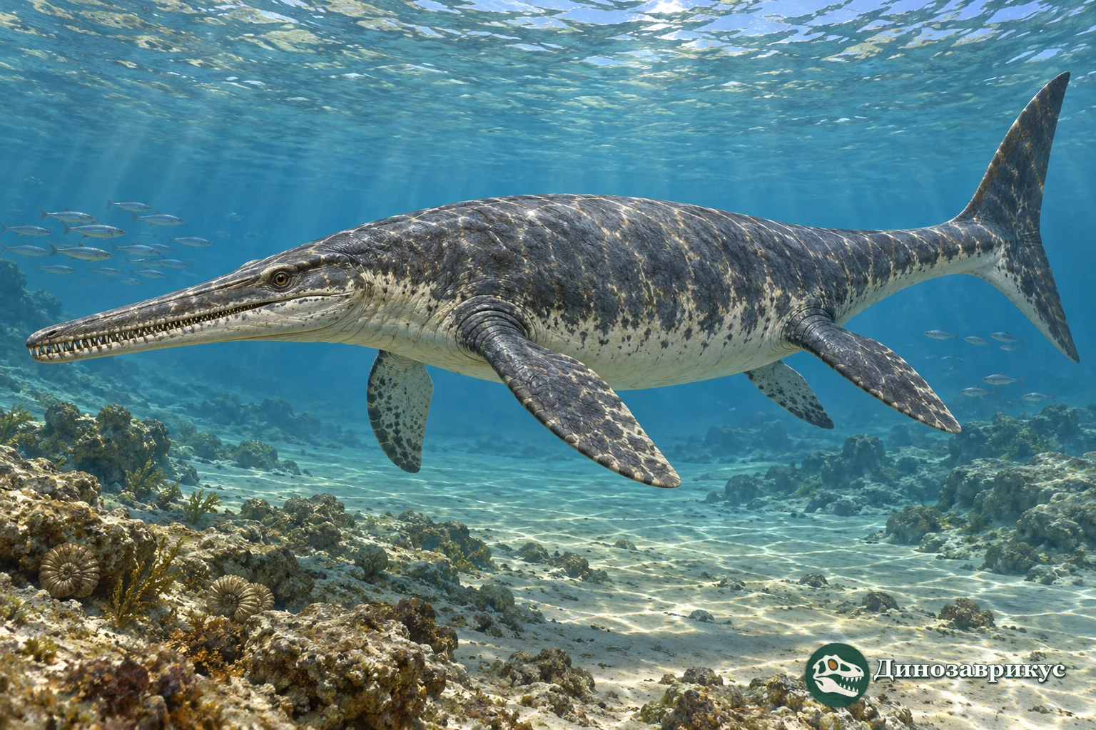 Художественная реконструкция длиннорылого мозазавра Hainosaurus в позднемеловом море