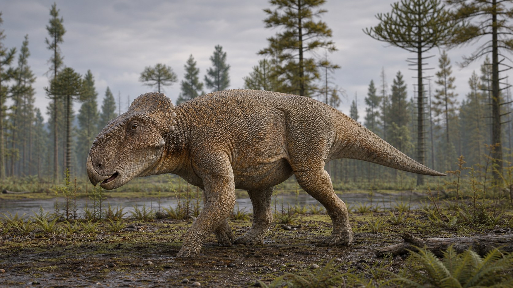 Научная реконструкция Leptoceratops gracilis в пойменном лесу конца мелового периода