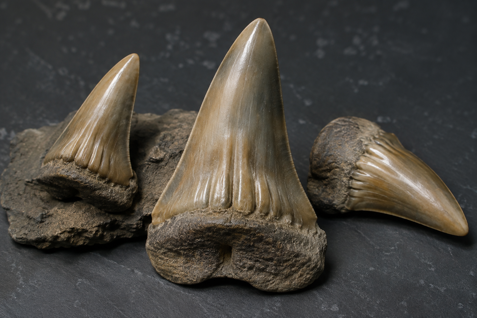 Ископаемые зубы акулы Megascyliorhinus с продольными складками у основания коронки