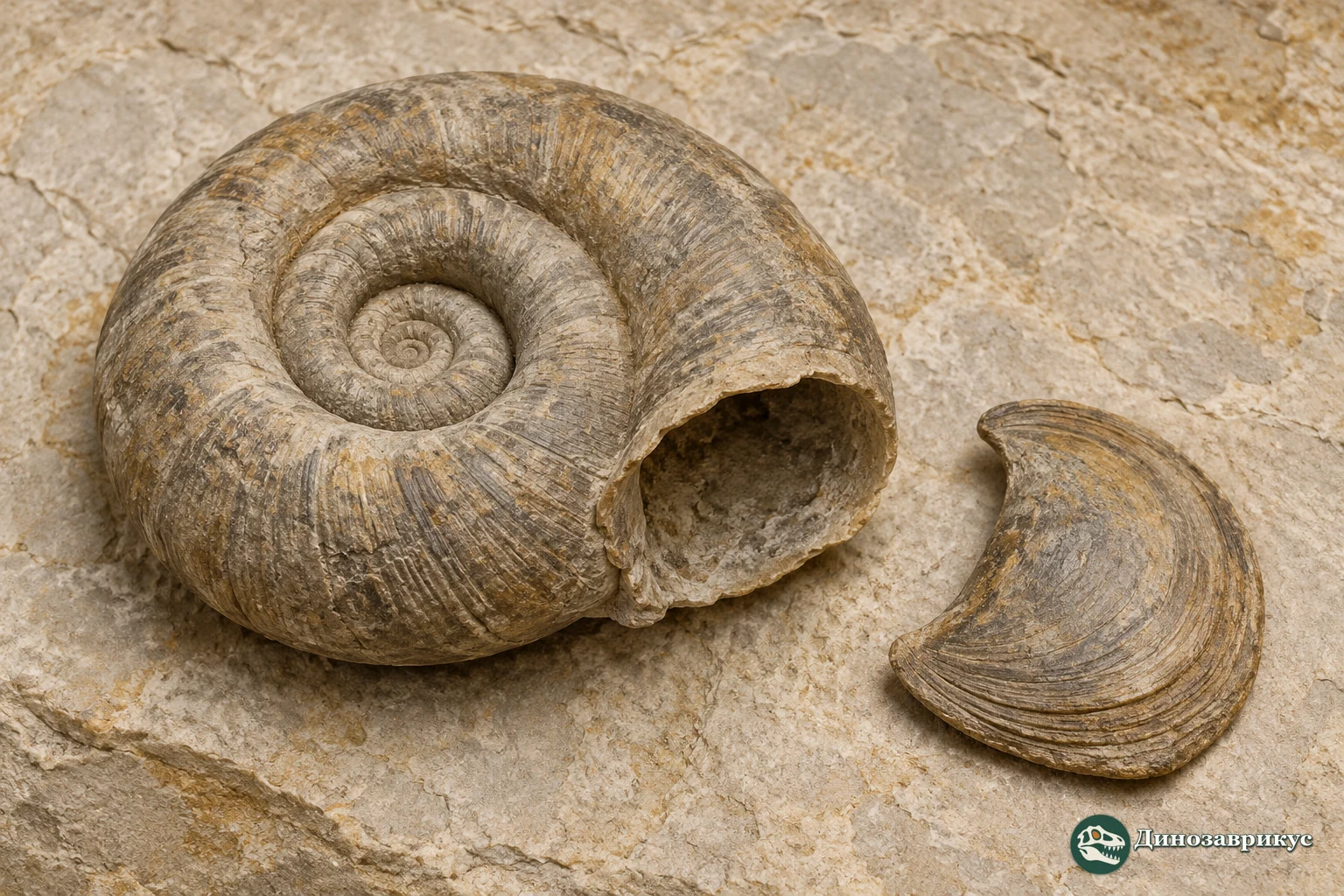Крупные раковины Maclurites и отдельный оперкулум на музейной плите