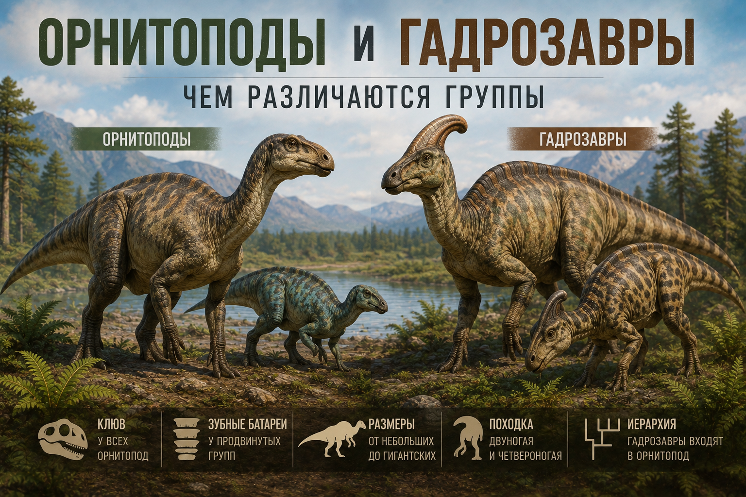 Реалистичная сравнительная реконструкция небольшого раннего орнитопода, игуанодонта и крупного утконосого гадрозаврида