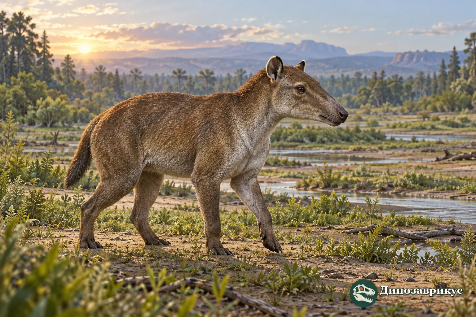 Художественная реконструкция небольшого Cyriacotherium на пойме палеоценового Вайоминга