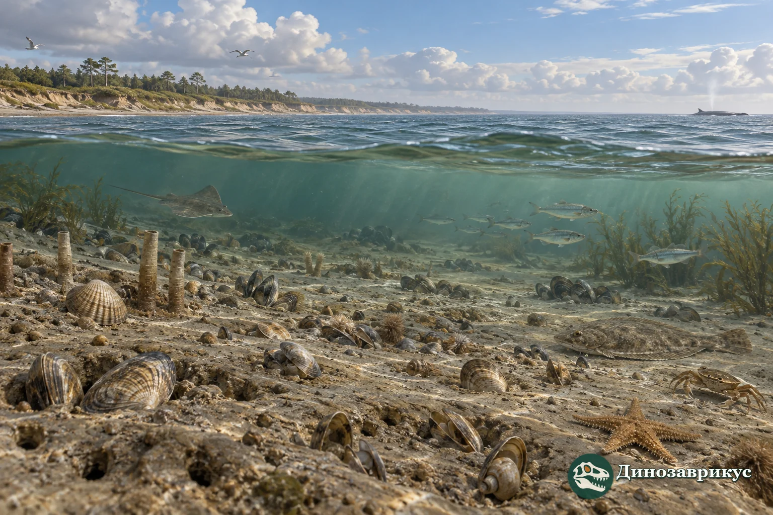 Художественная реконструкция мелководного моря Северной Европы в миоцене