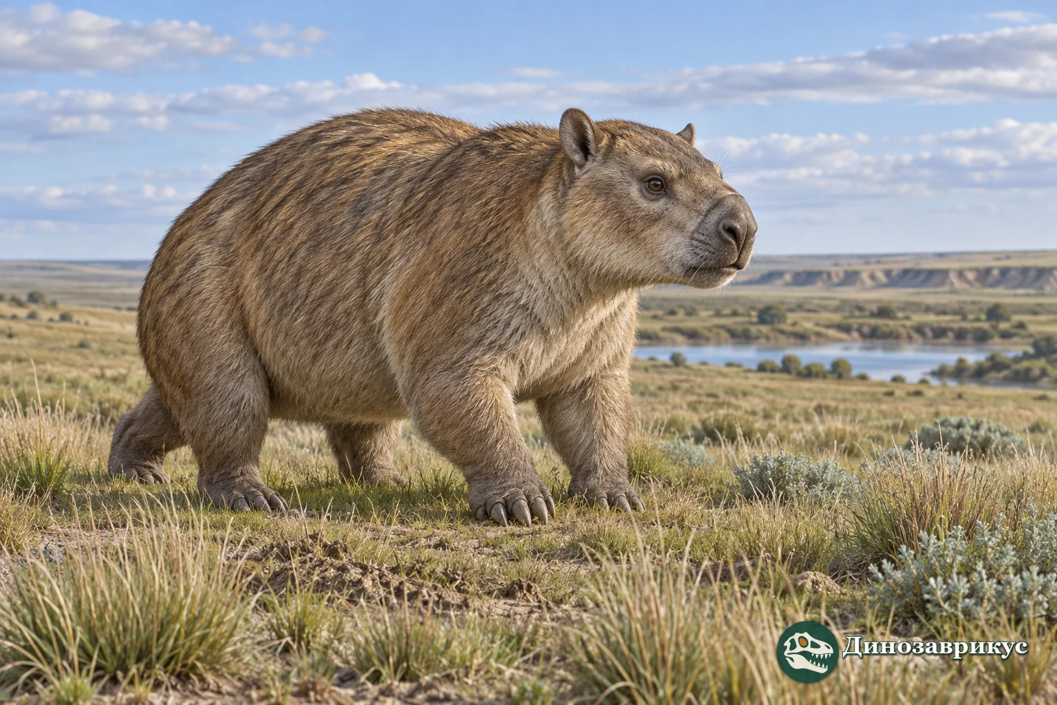 Художественная реконструкция крепко сложенного Mesotherium в плейстоценовой пампе Аргентины