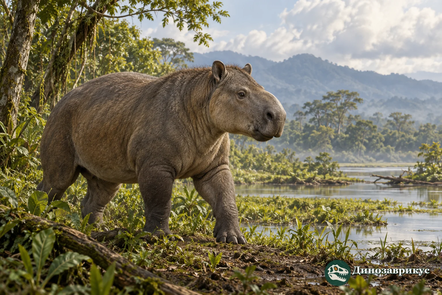 Художественная реконструкция Pericotoxodon у лесной поймы миоценовой Колумбии