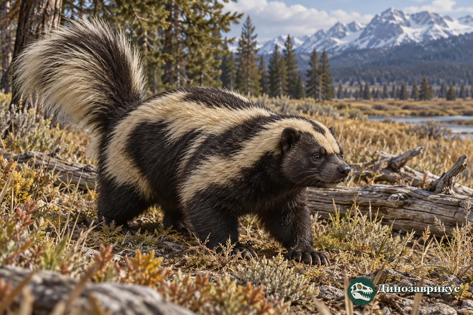 Художественная реконструкция короткомордого скунса Brachyprotoma в североамериканском ландшафте плейстоцена