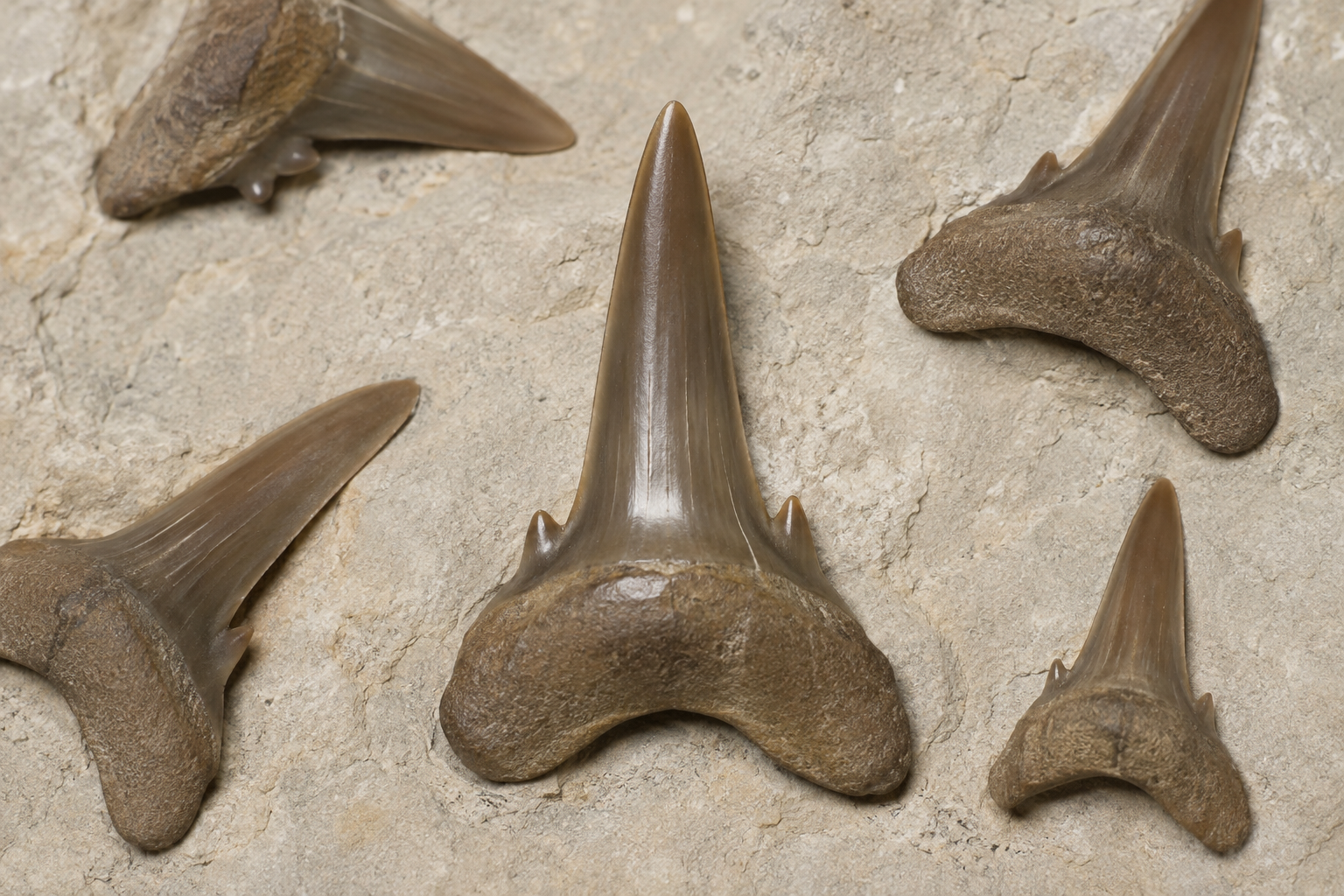 Гладкие ископаемые зубы акулы Palaeohypotodus с боковыми зубчиками