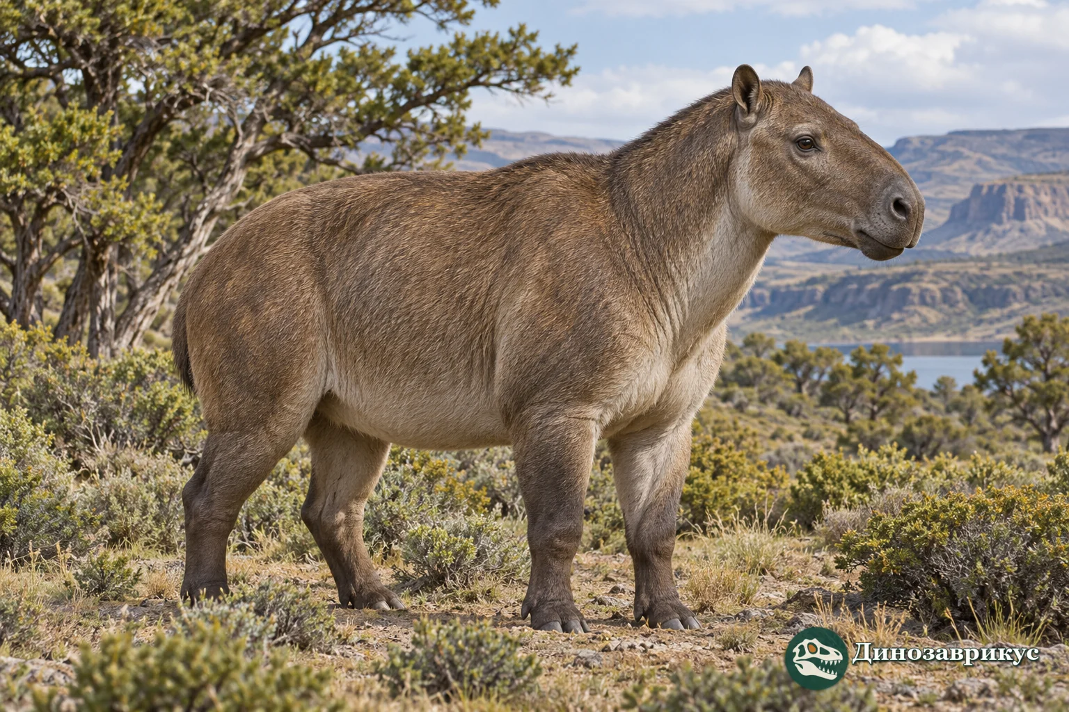 Художественная реконструкция Adinotherium ovinum в мозаике патагонских лесов и открытых участков