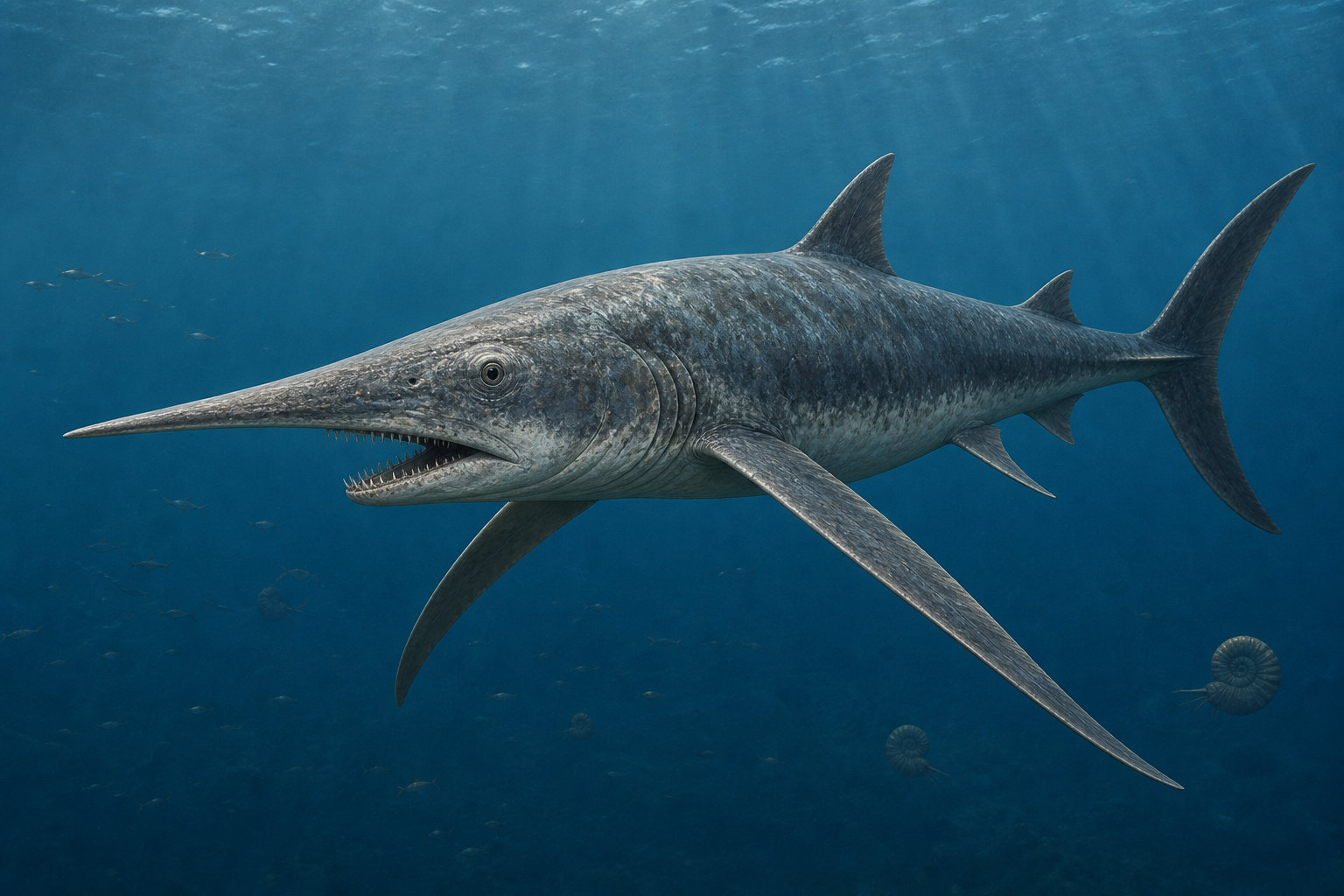 Научная реконструкция Protosphyraena с коническим рострумом и длинными грудными плавниками