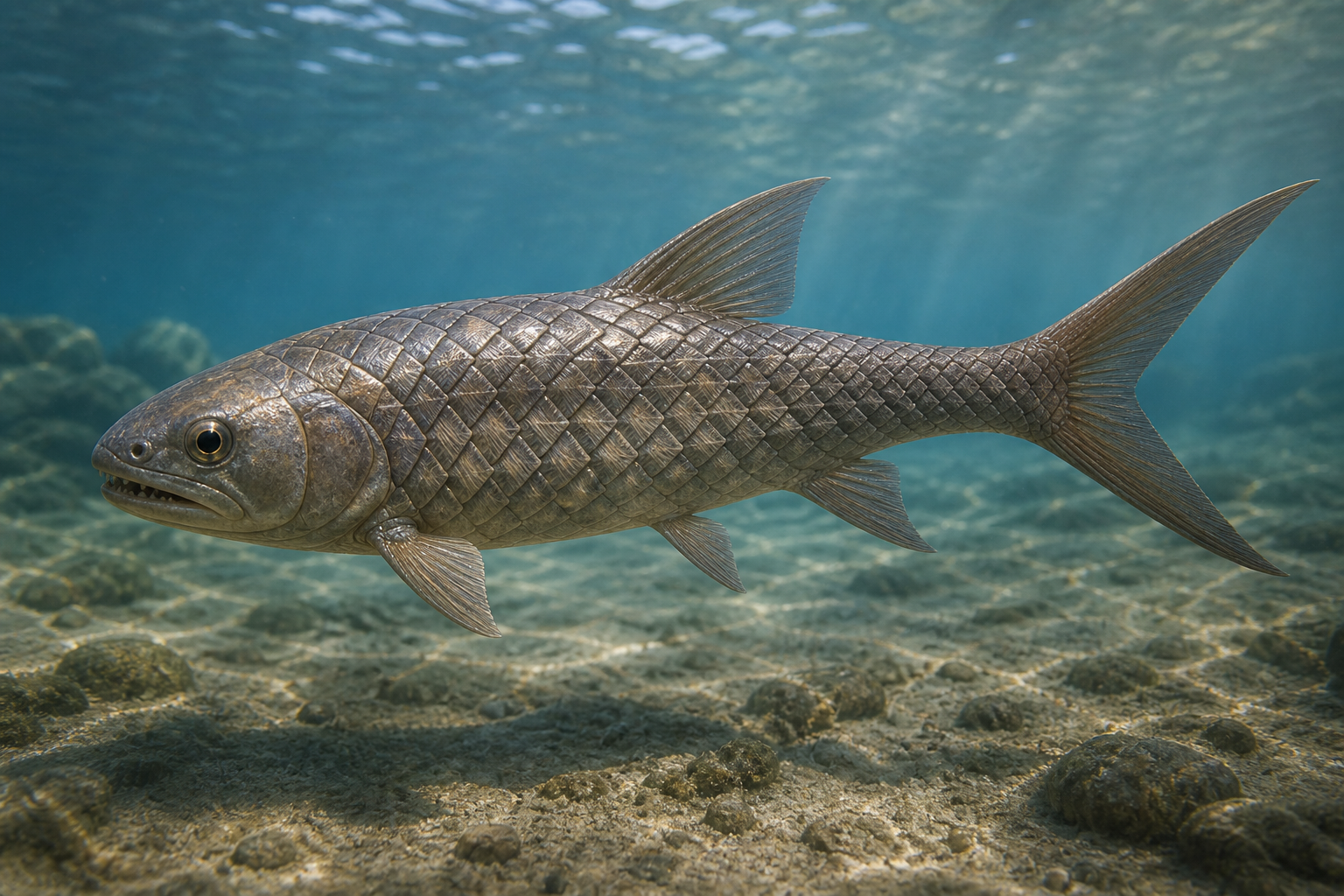 Научная реконструкция рыбы Ptycholepis с ребристой ганоидной чешуёй