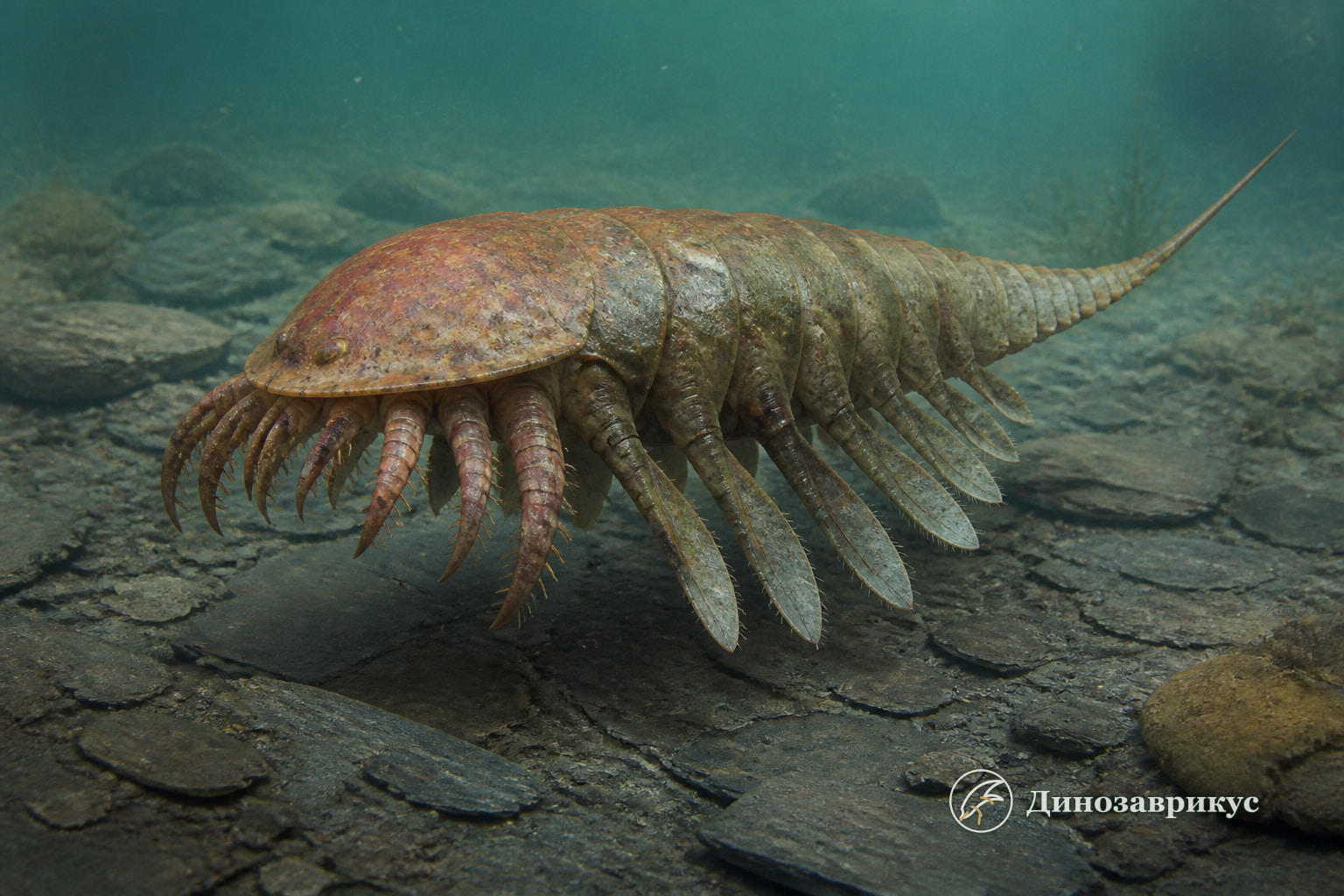 Санктакарис идёт по кембрийскому дну на шиповатых конечностях