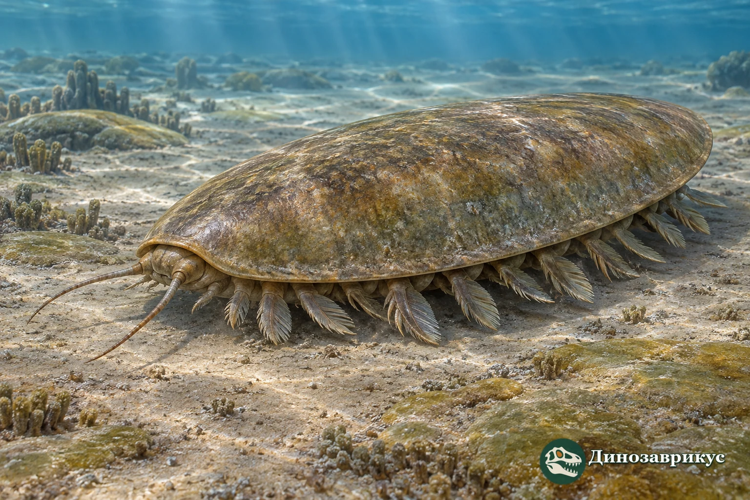 Художественная реконструкция Tegopelte gigas с широким цельным спинным щитом на дне кембрийского моря