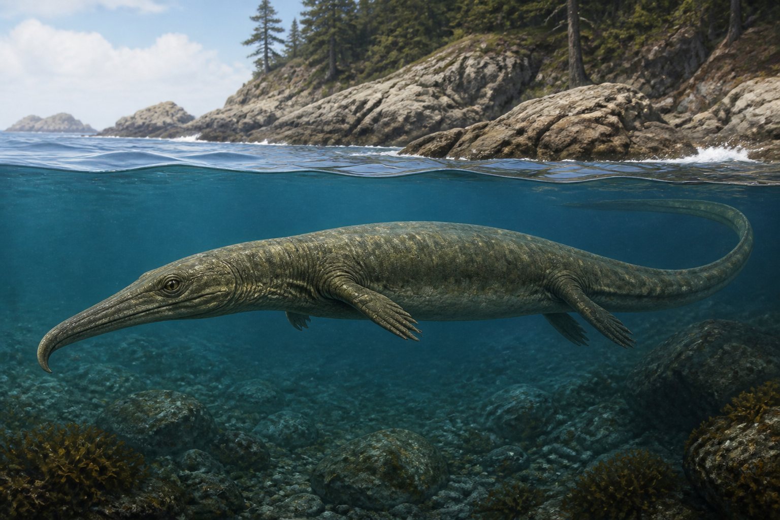 Научная реконструкция рода Thalattosaurus в среде его времени