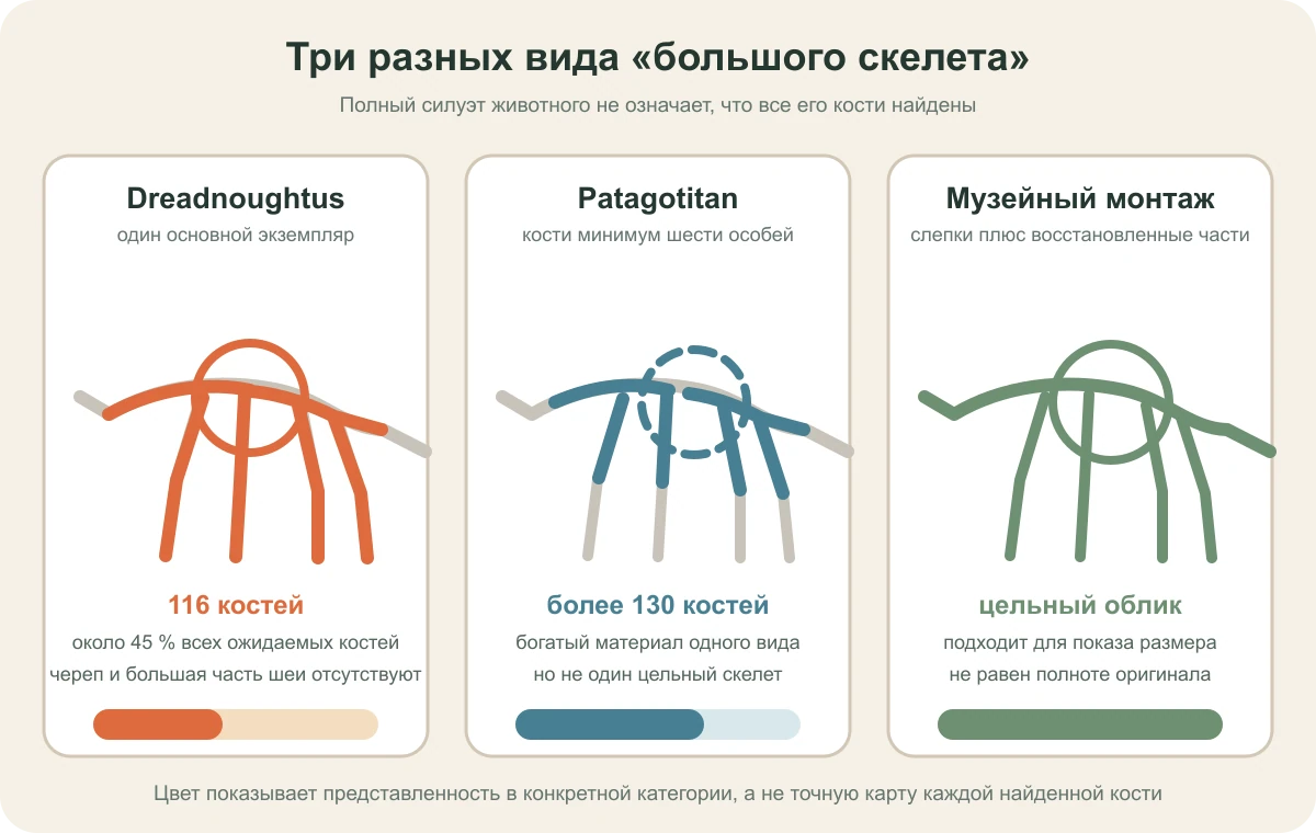 Схема различий между одним скелетом Dreadnoughtus, материалом нескольких Patagotitan и музейным монтажом