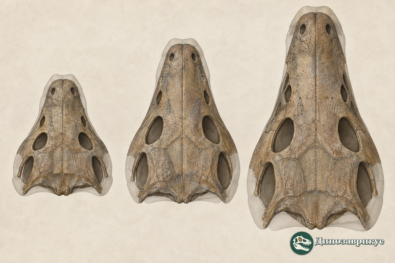 Схематичное сравнение черепов Xenotosuchus разных стадий роста